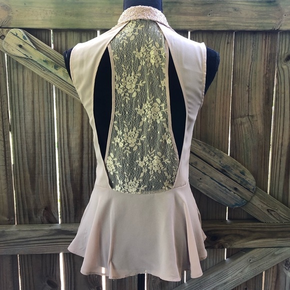 A.Maglia Tan Sleeveless Peplum Blouse with Sequin Collar & Lace Panel in Back - Picture 3 of 8